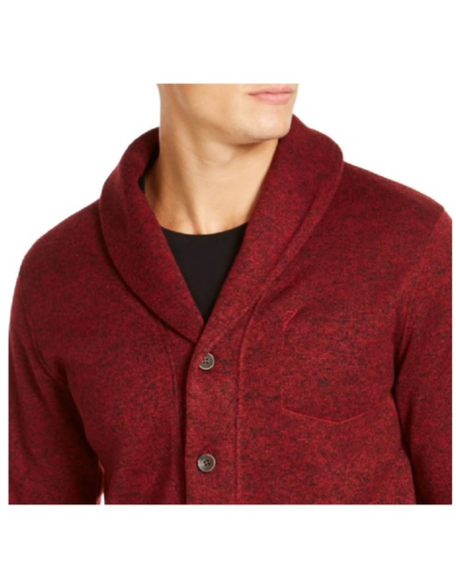 Red shawl collar sweater worn by a men