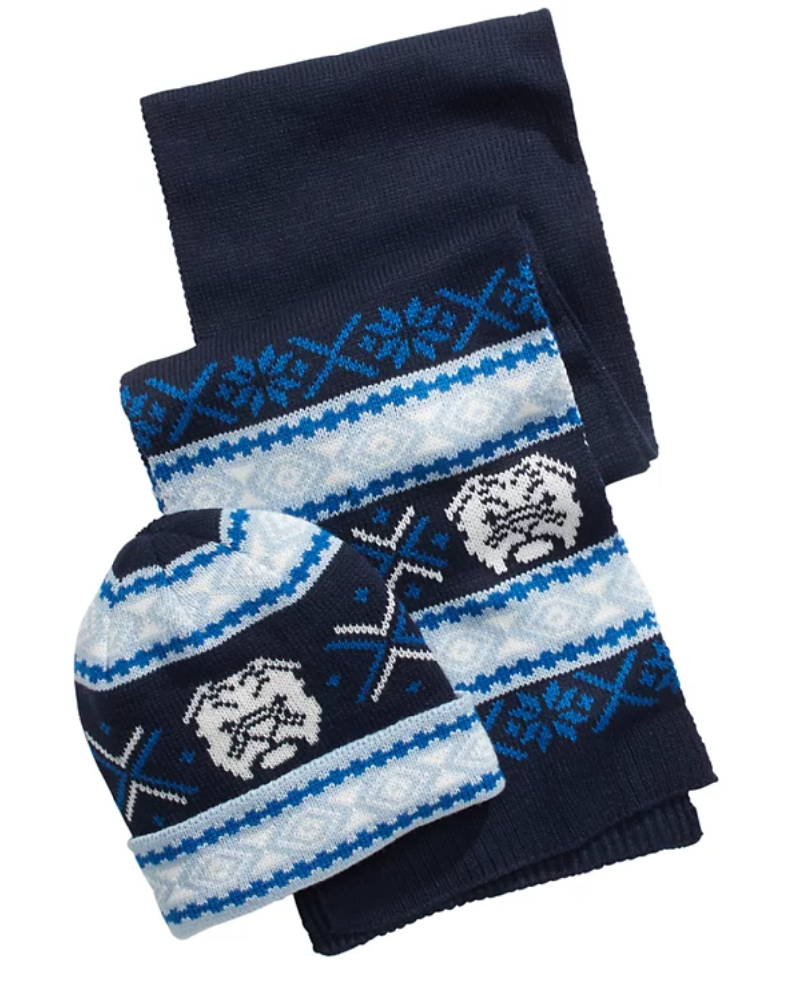 Navy blue and white patterned beanie and scarf set 