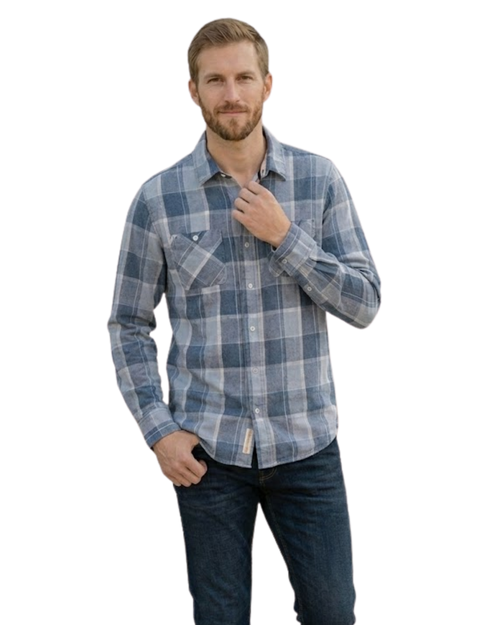 Man wearing a blue plaid shirt and jeans 