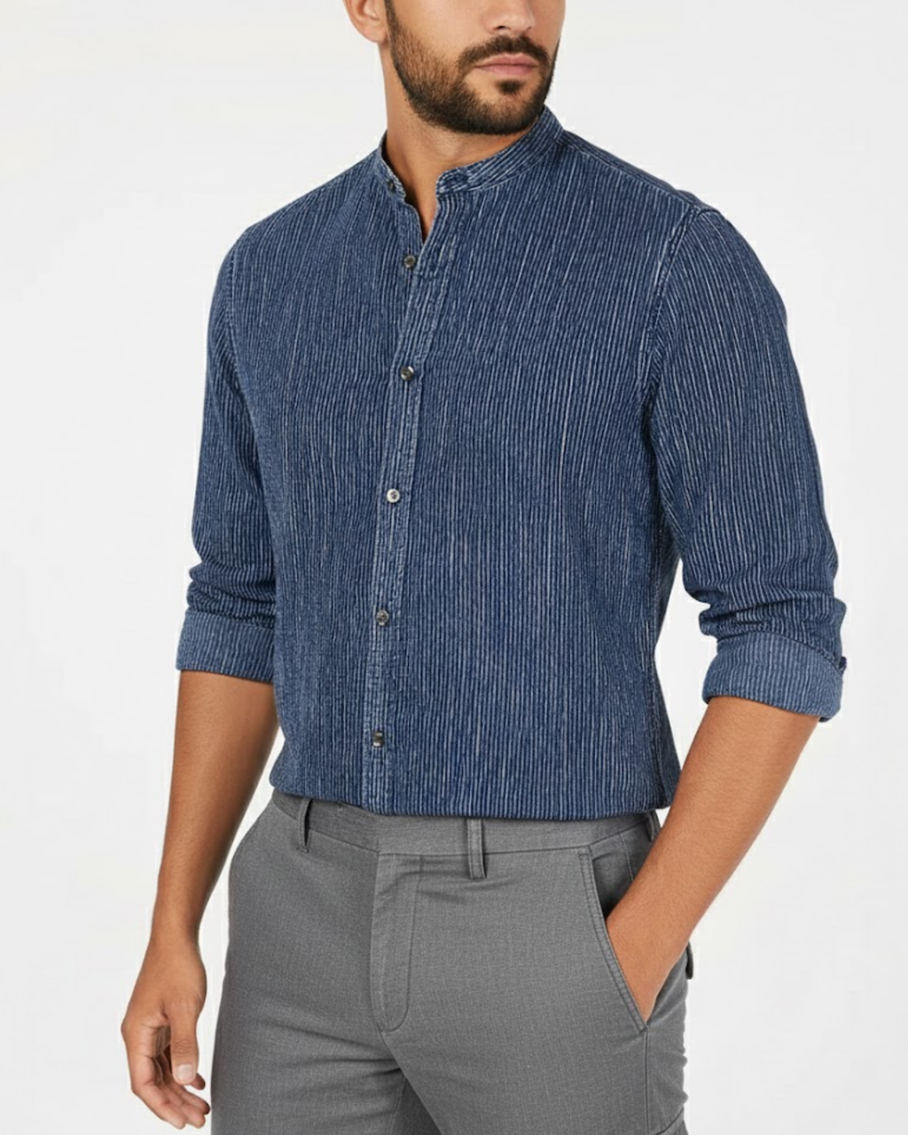 Man wearing a blue striped shirt and gray pants 