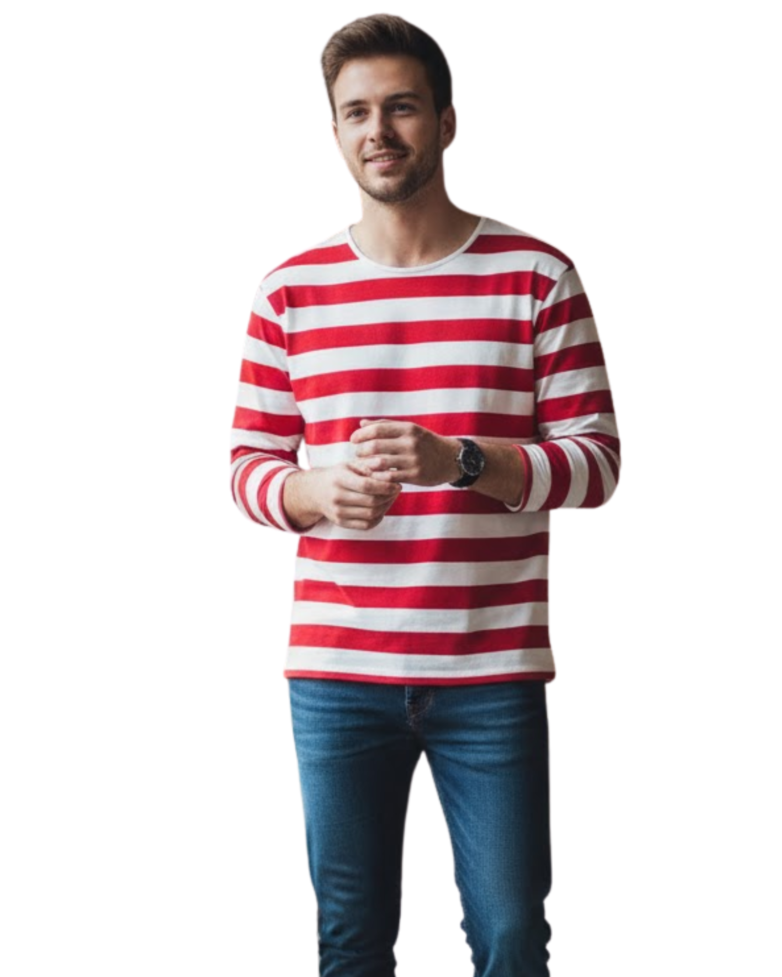 Man wearing a red and white striped sweater and blue jeans on a white background