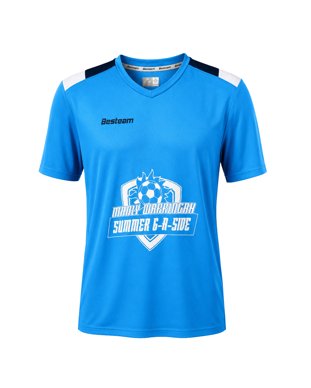 Blue sports jersey with branding and text on a white background