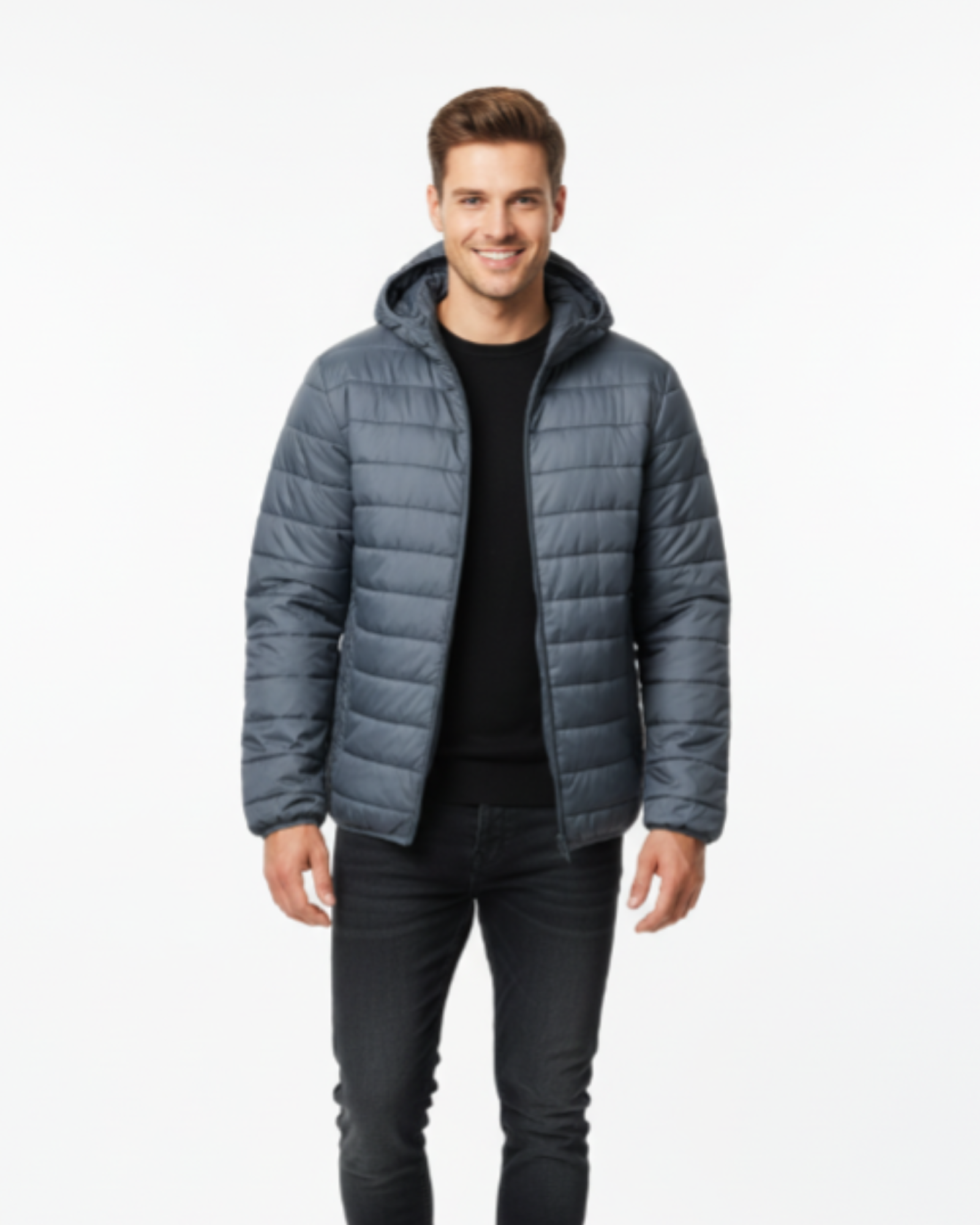 Man wearing a blue puffer jacket on a white background