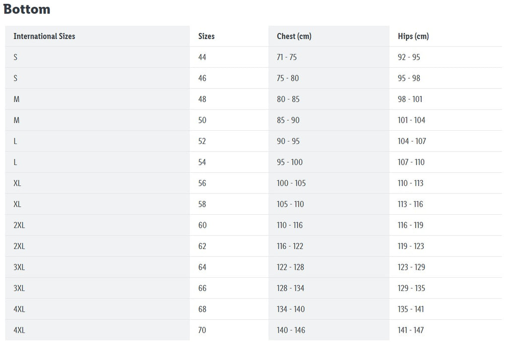 Size chart for bottom clothing with international sizes, chest measurements, and hip measurements.