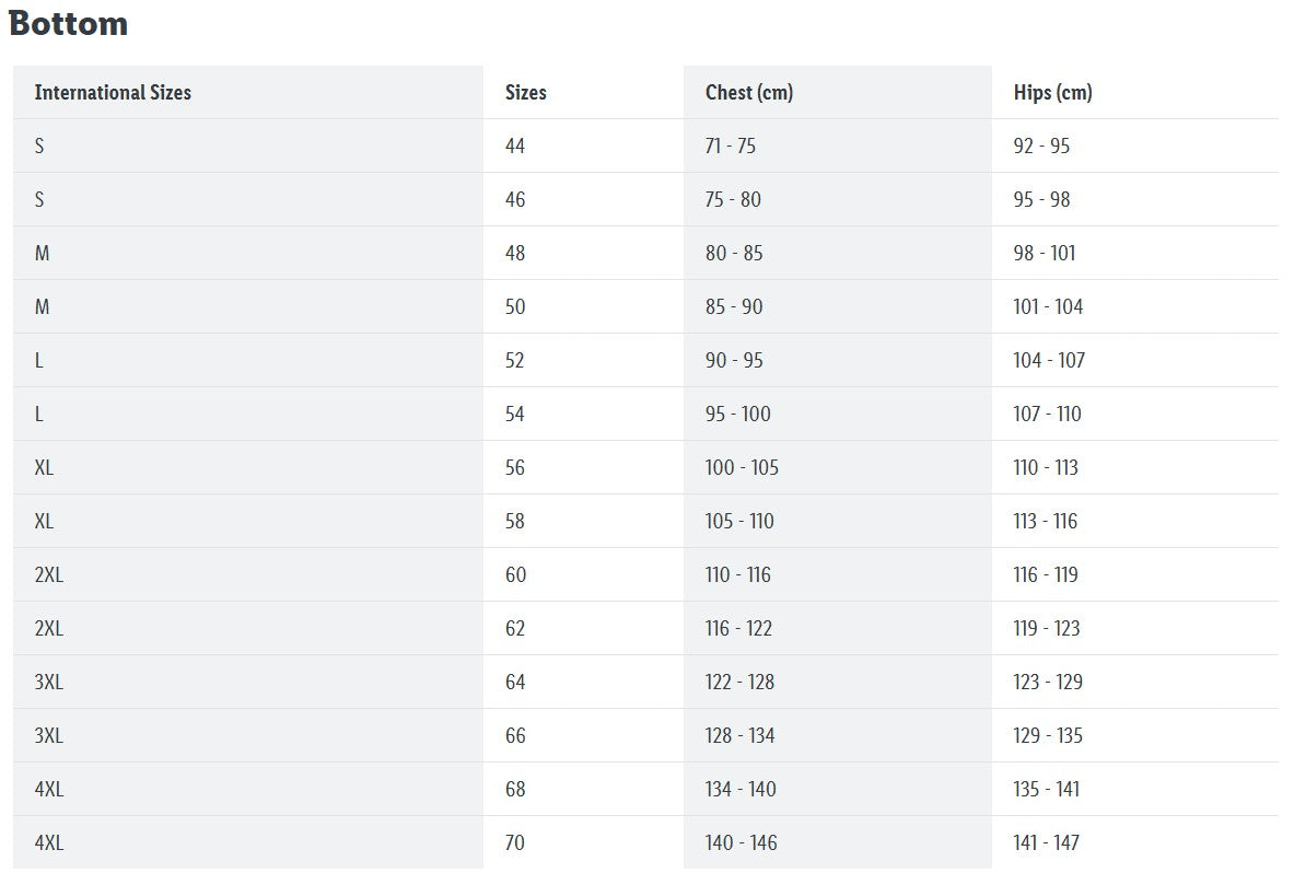 Size chart for bottom clothing with international sizes, chest measurements, and hip measurements.