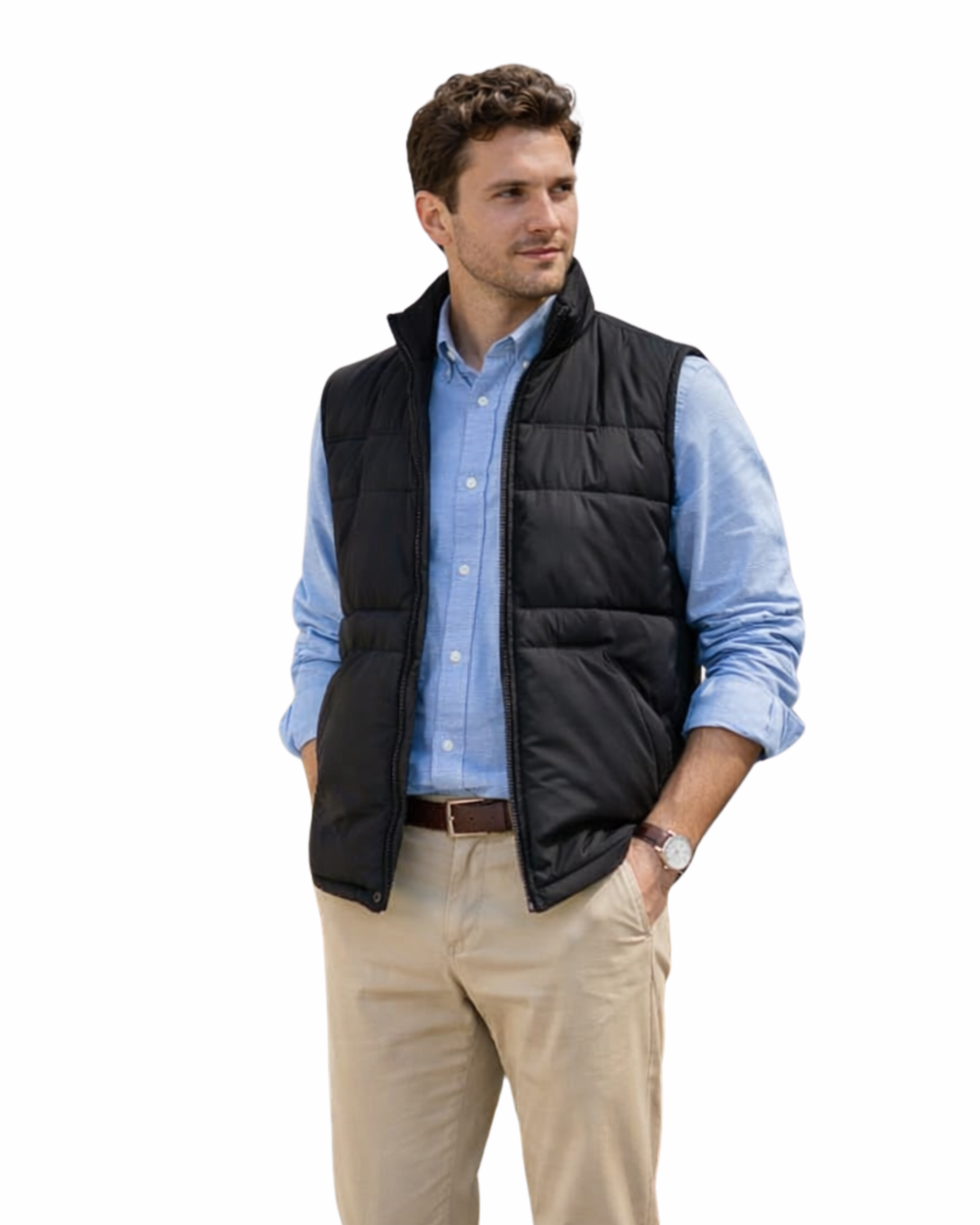 Man wearing a black puffer vest over a blue shirt on a white background