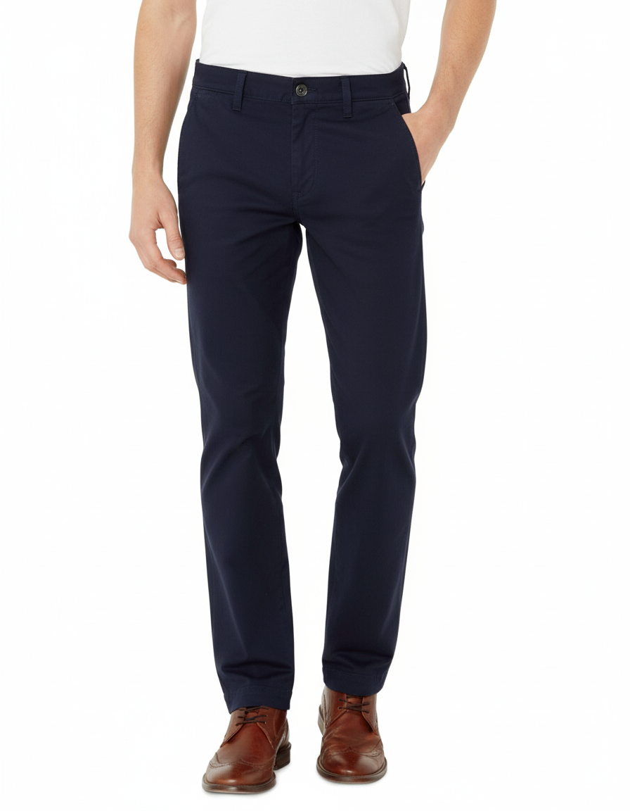 Navy pants worn by a person on a white background