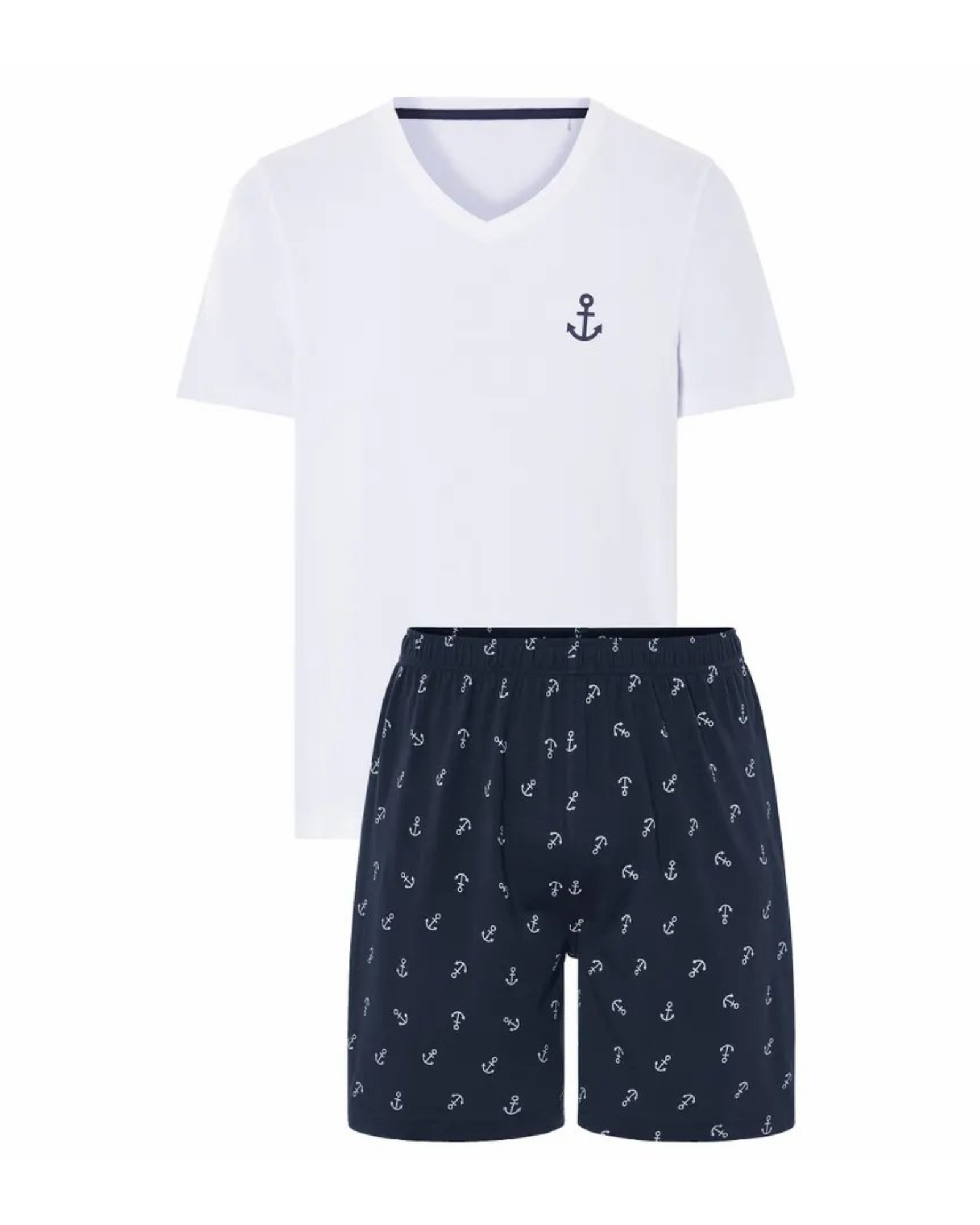 White t-shirt and navy shorts with anchor pattern on a white background