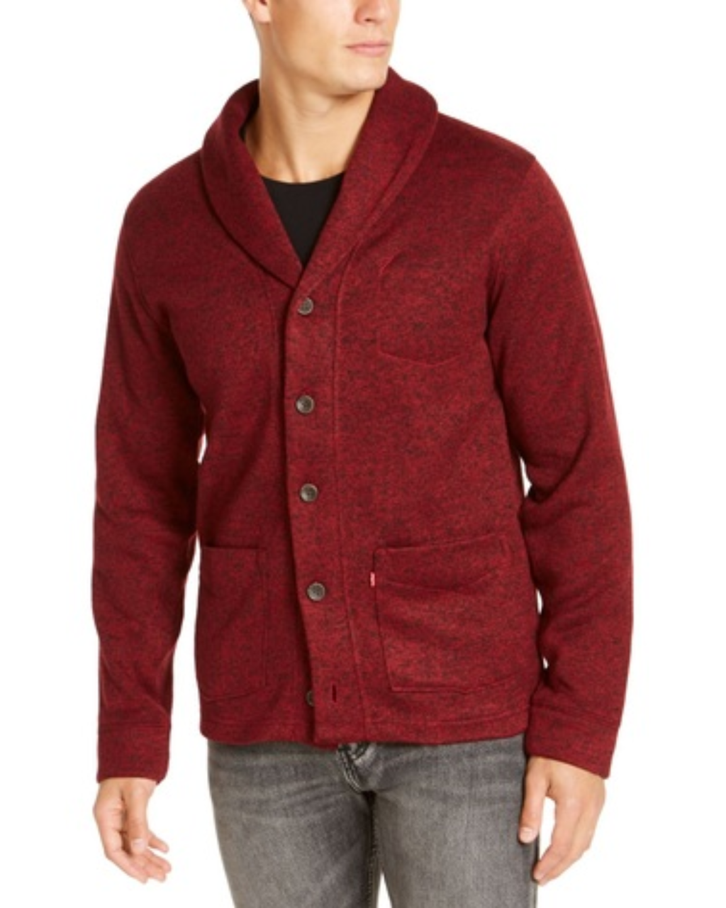 Red shawl collar jacket worn by a man