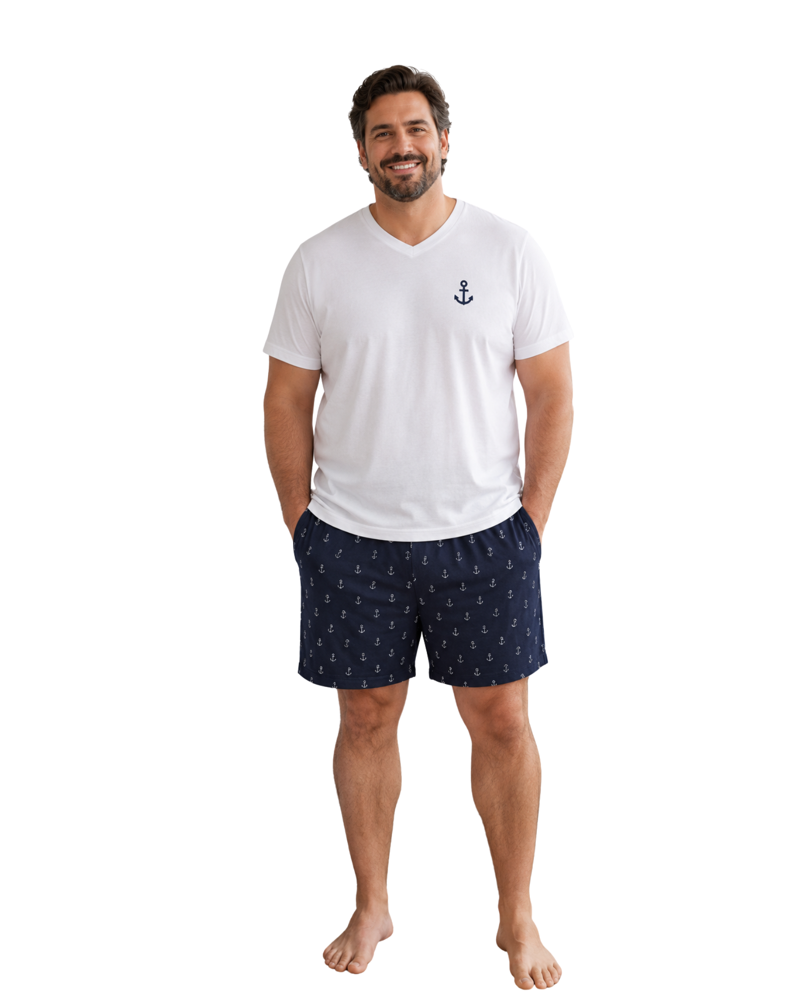 Man wearing a white t-shirt with an anchor design and navy shorts with anchor pattern on a white background