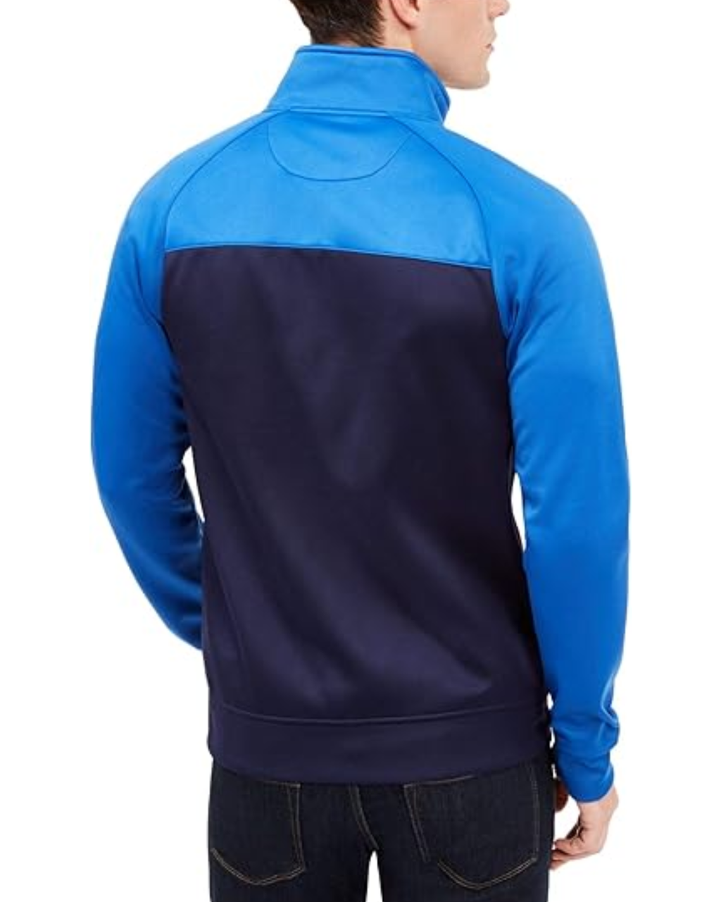 Person wearing a blue and navy color-blocked jacket 