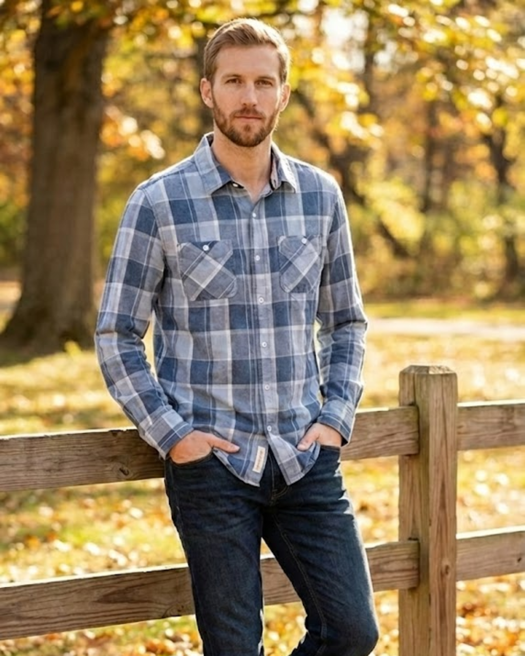 Man wearing a blue plaid shirt and jeans standing by a wooden fence with trees in the background.