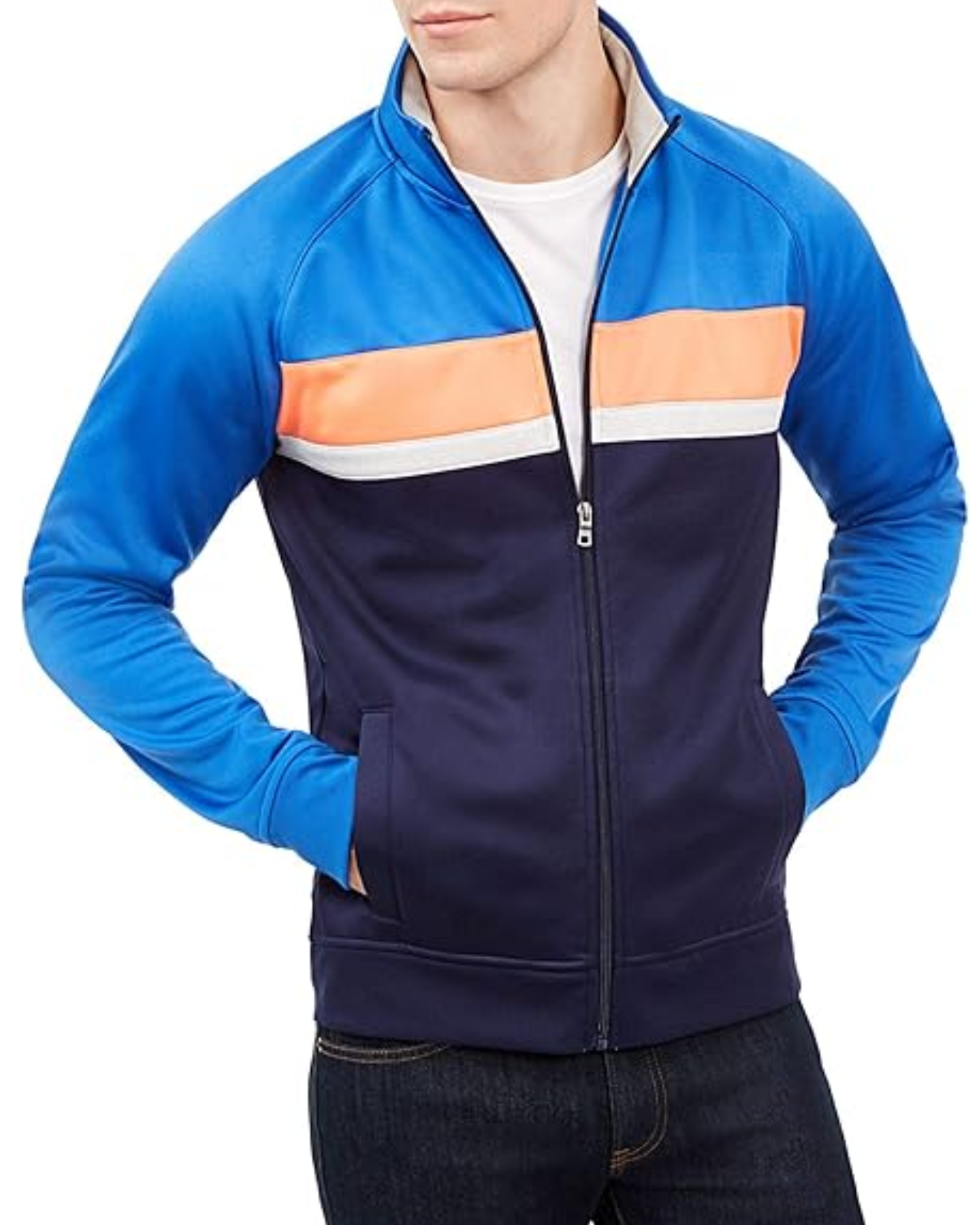 Blue and navy track jacket with color-blocked chest design
