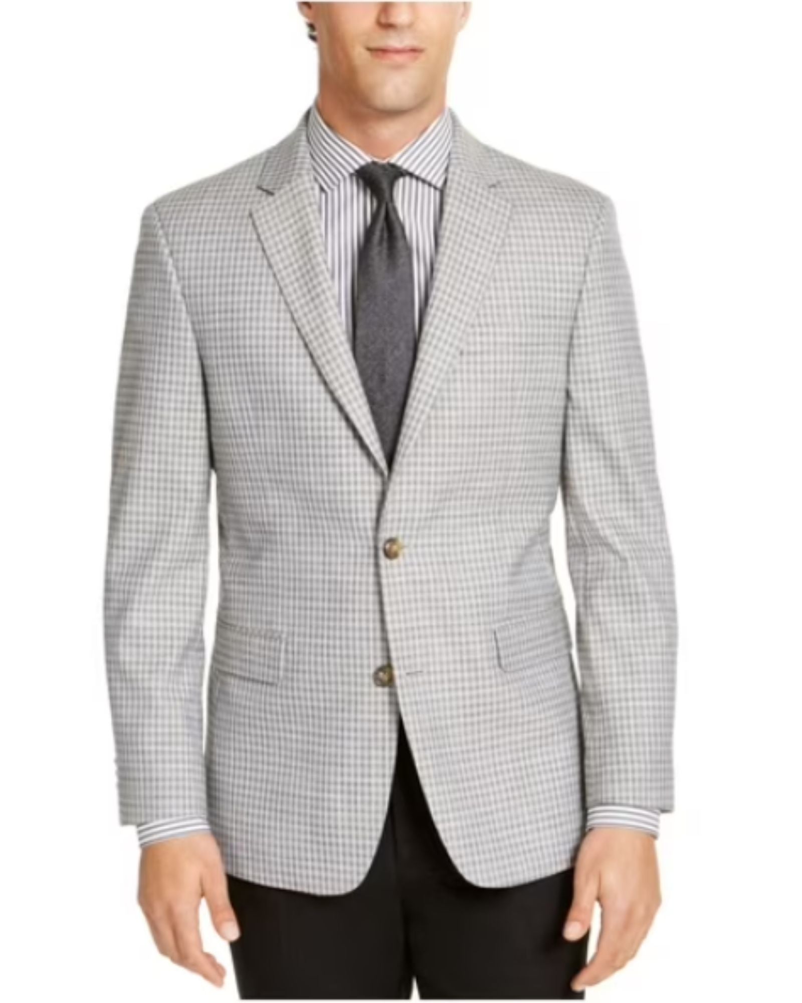 Man wearing a checkered blazer over a striped shirt with a tie on a white background