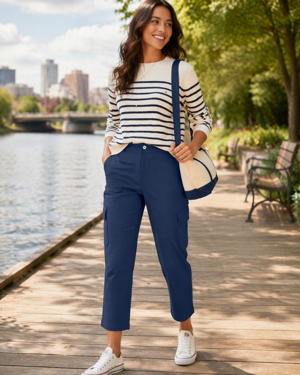 Woman in striped sweater and blue pants standing by a waterfront with a cityscape in the background