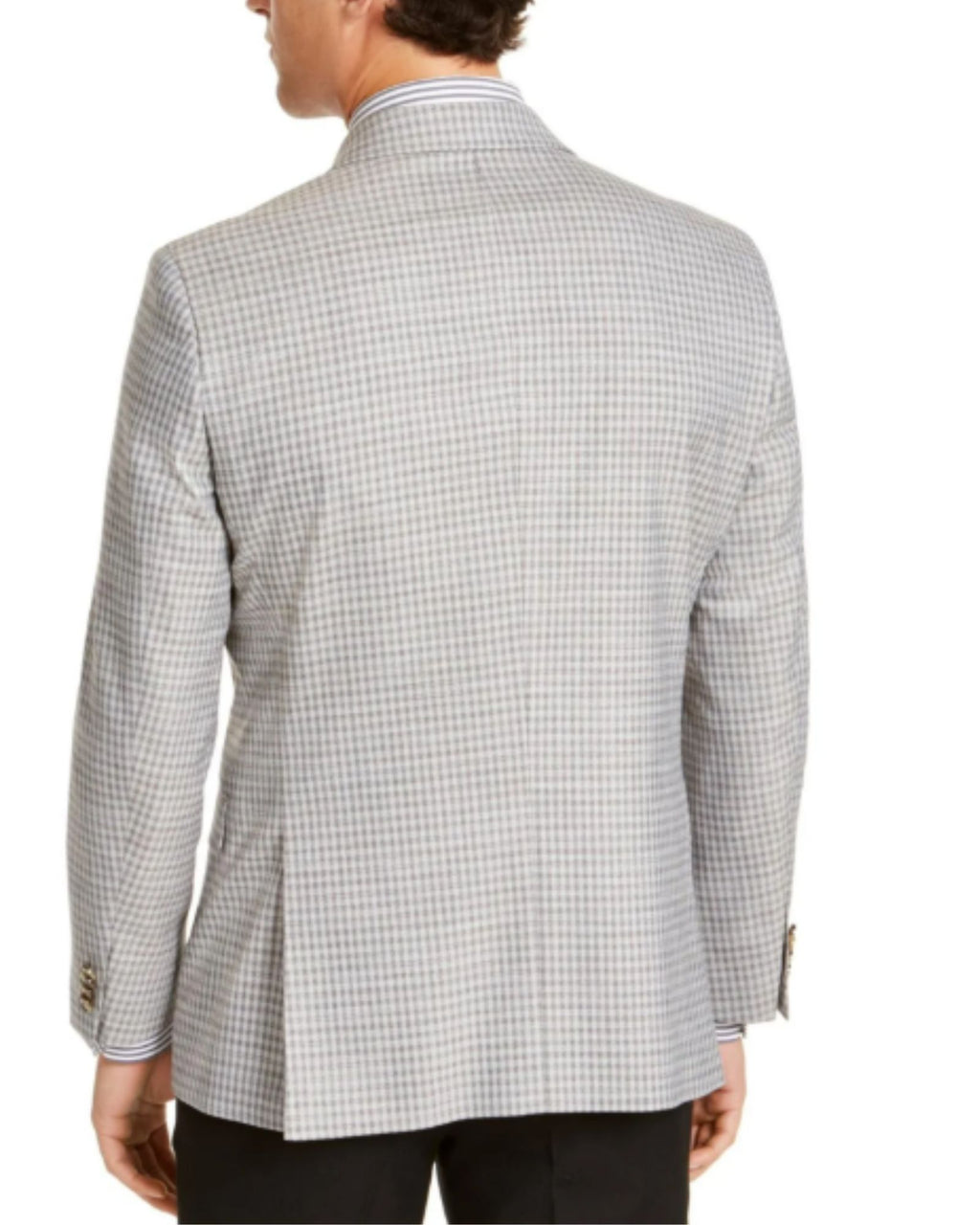 Gray checkered blazer worn by a person on a white background