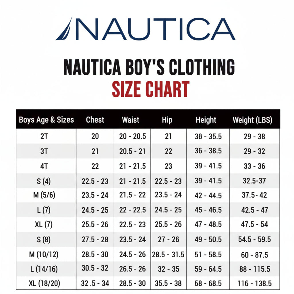 Nautica boy's clothing size chart on a white background