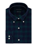 Navy plaid shirt with white buttons on a white background