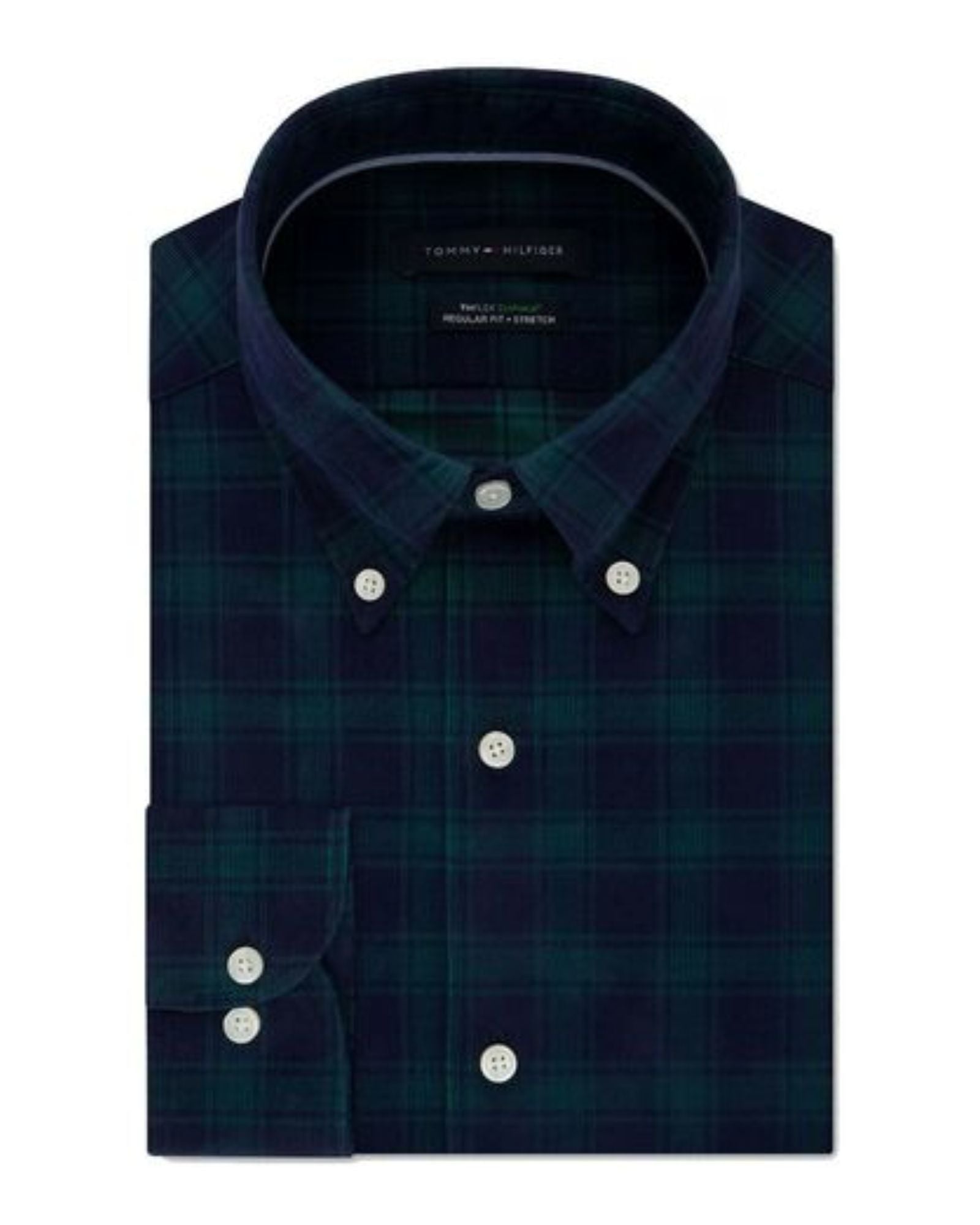 Navy plaid shirt with white buttons on a white background