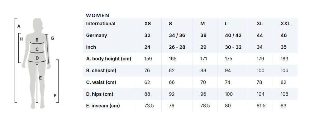 Size chart for women's clothing with measurements in centimeters and inches.