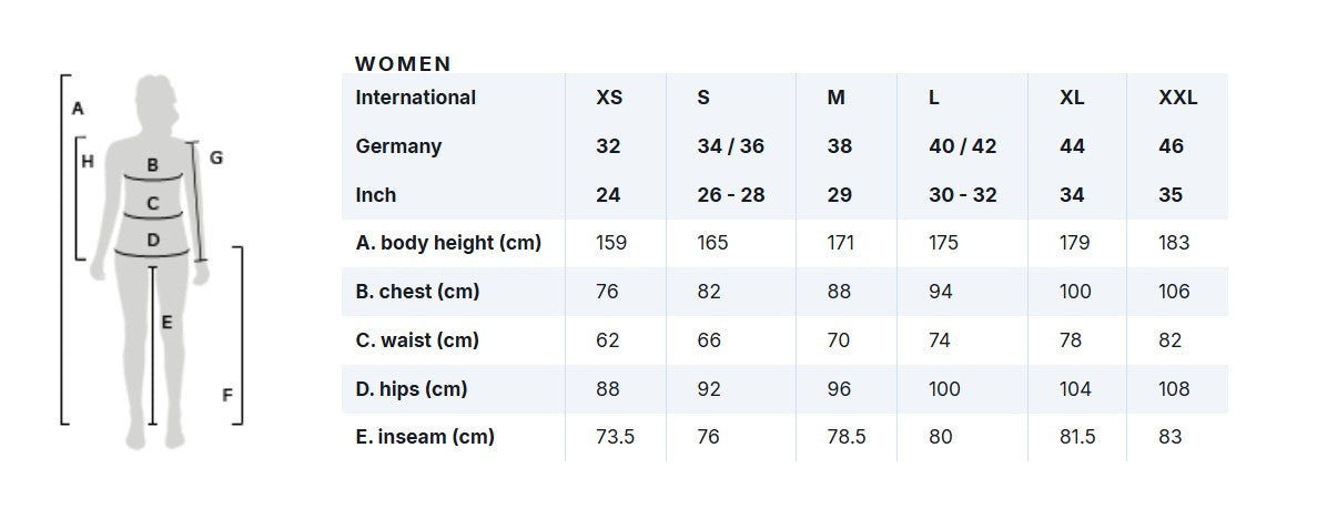 Size chart for women's clothing with measurements in centimeters and inches.