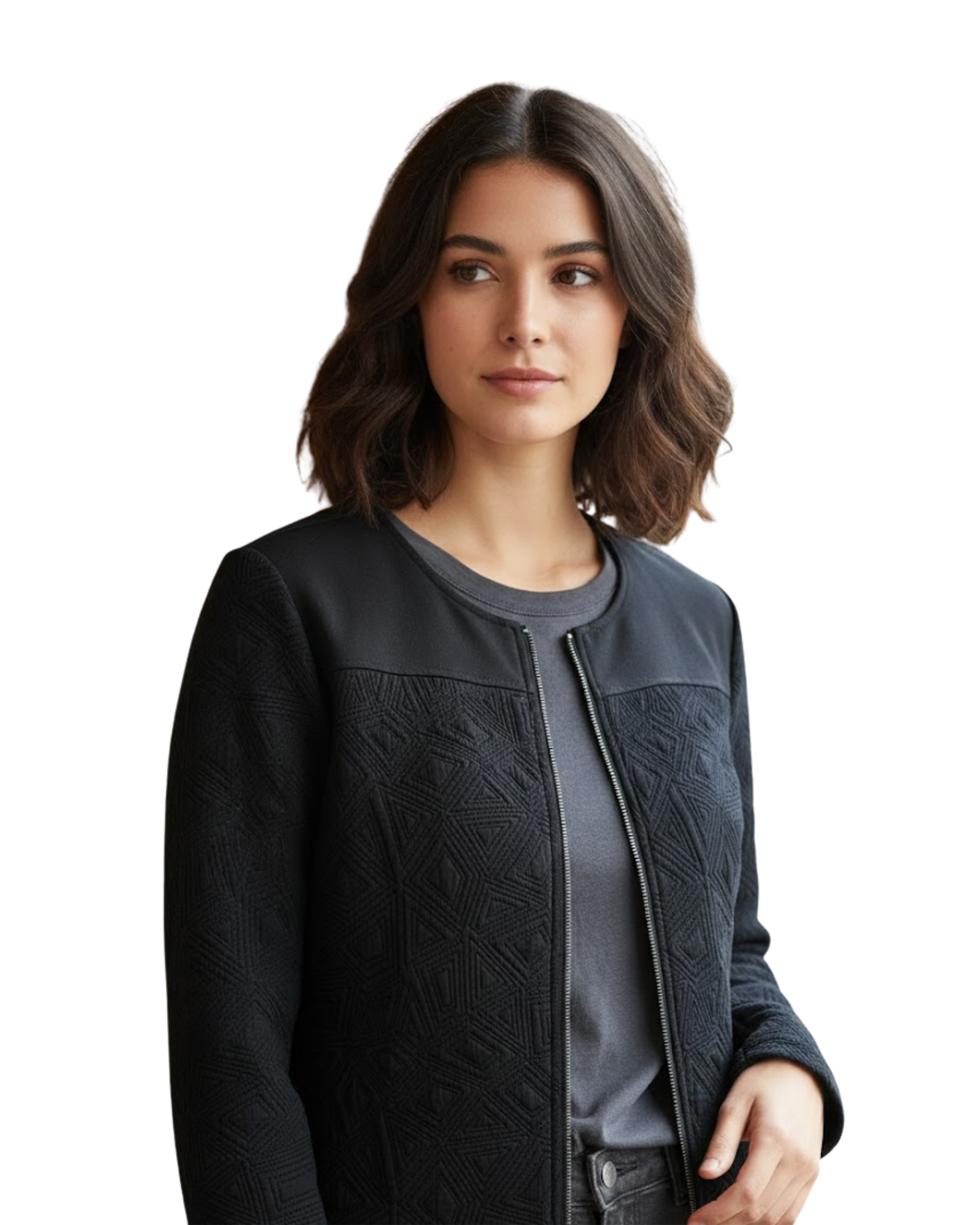 Woman wearing a Noir jacket on a white background