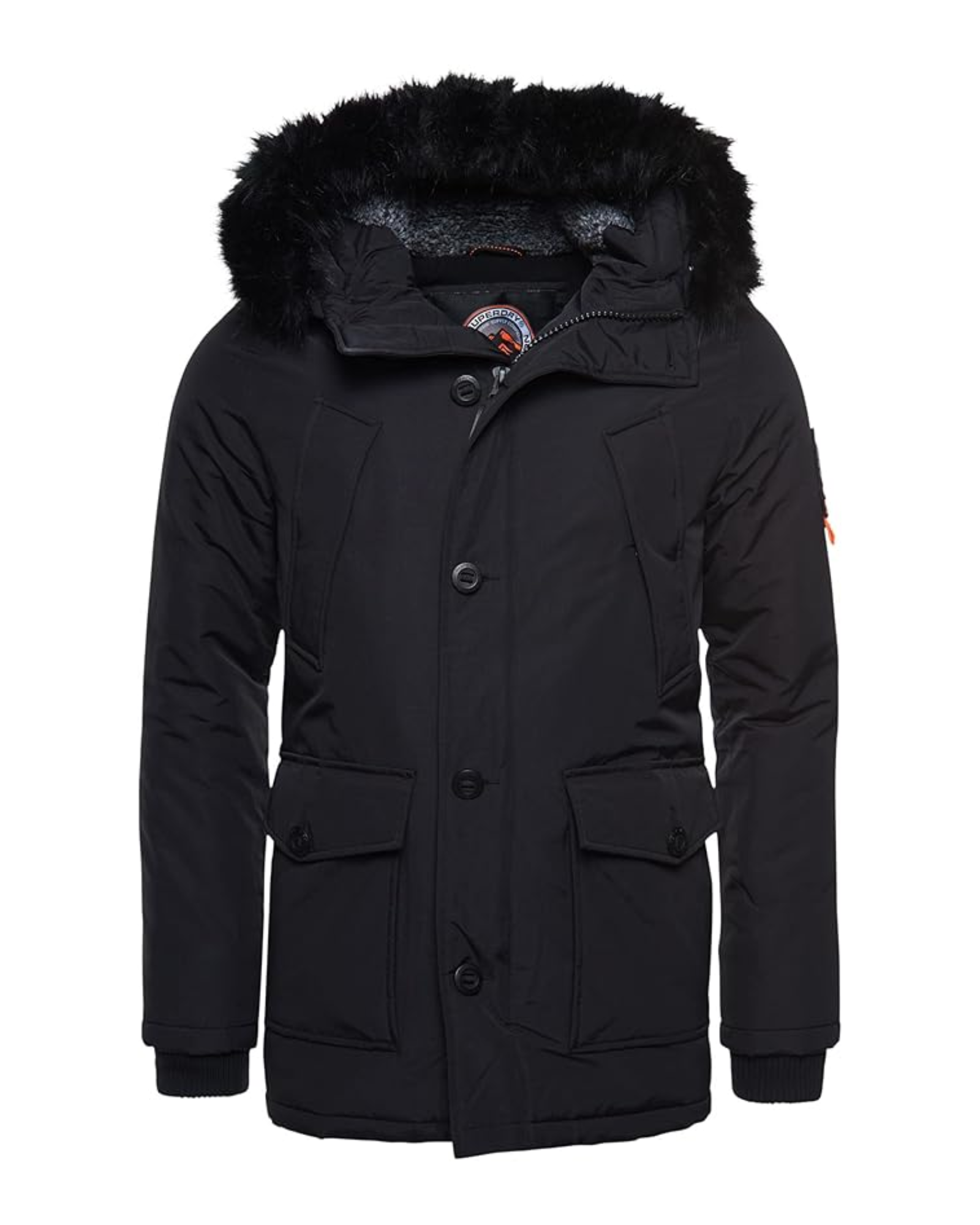 Black winter coat with fur hood