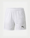 White shorts with a black logo on a light gray background
