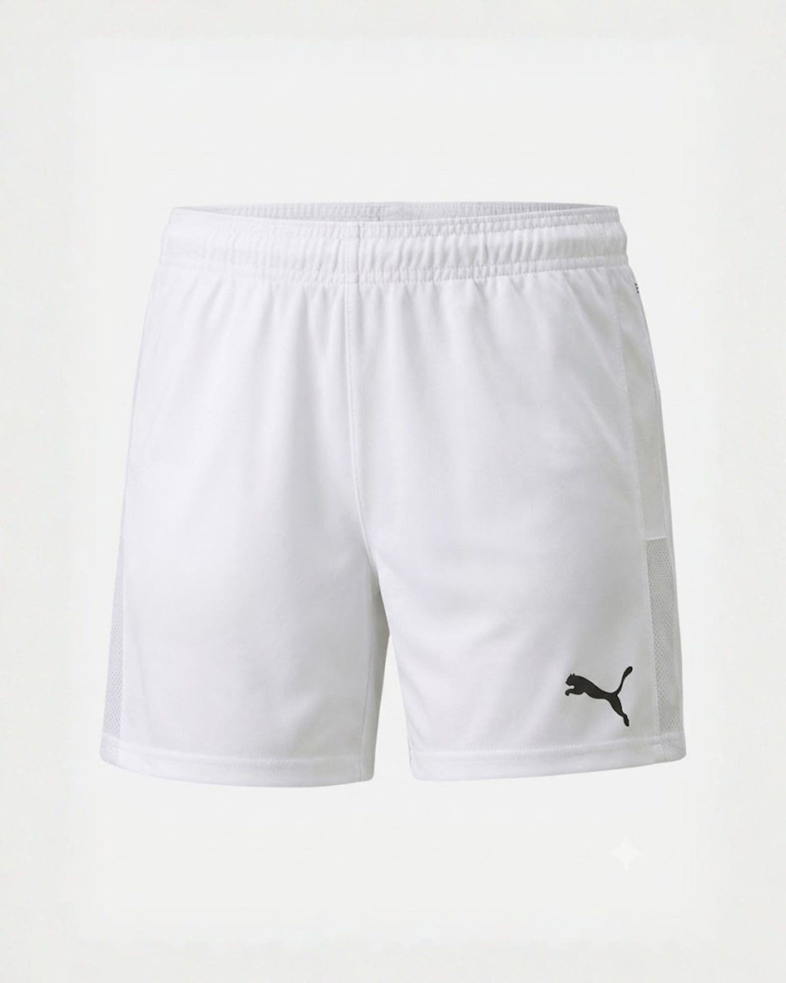 White shorts with a black logo on a light gray background