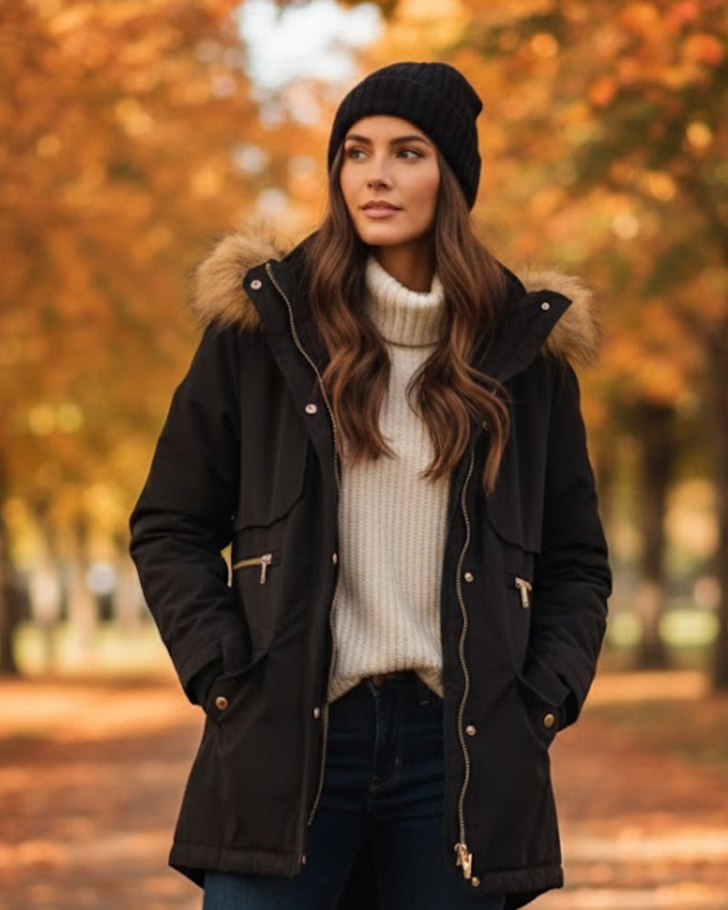 Woman wearing a black coat with fur hood and white sweater in an autumn setting