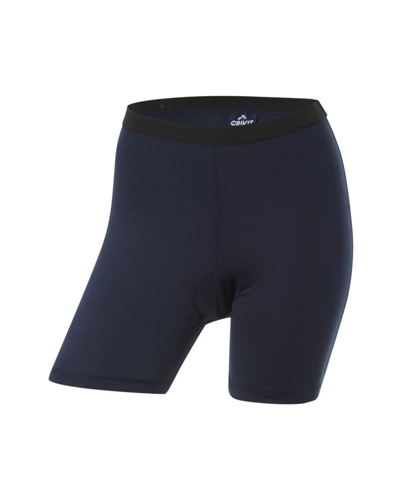 Navy blue athletic shorts with a brand logo on a white background