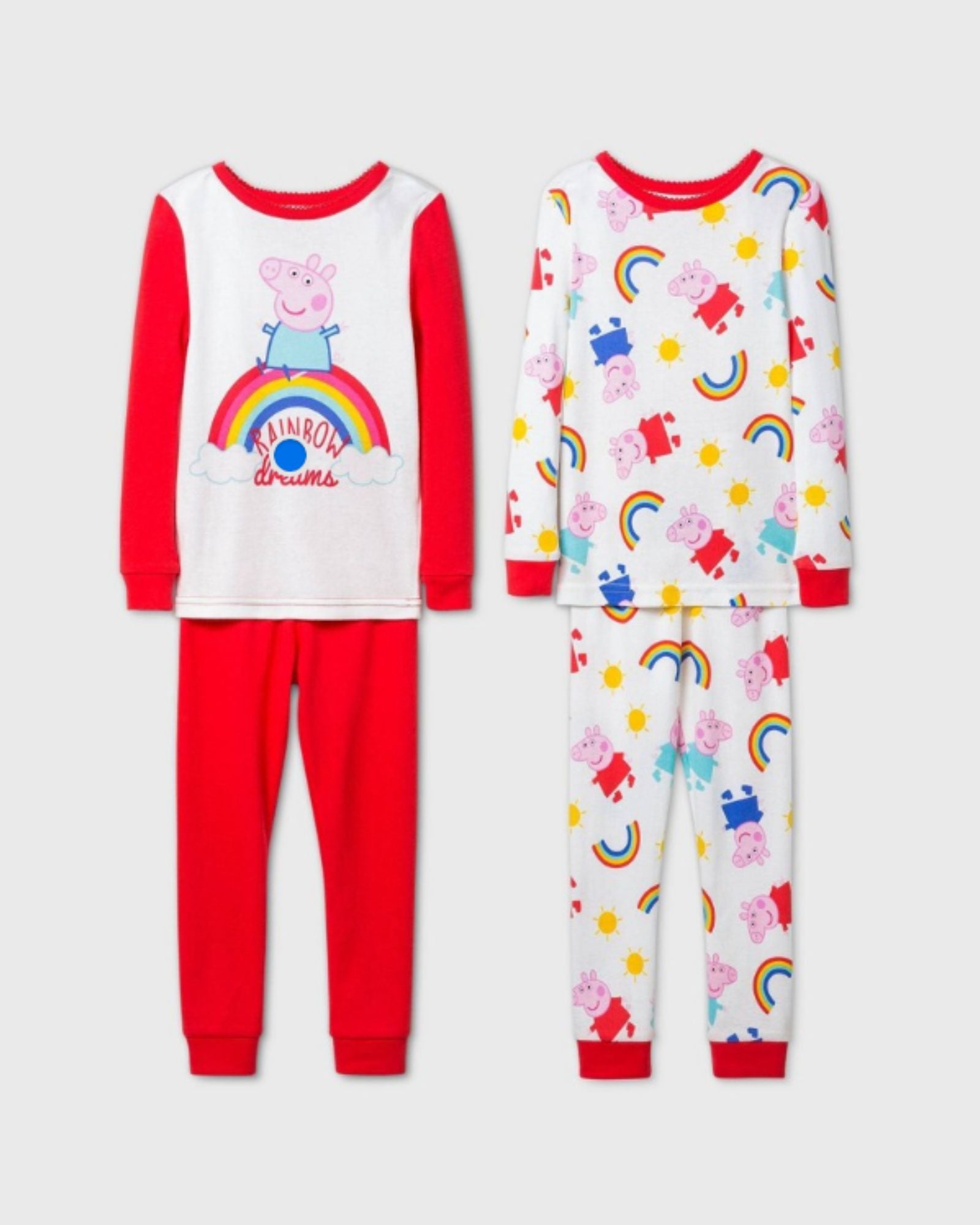 Two children's pajama sets with Peppa Pig designs on a white background