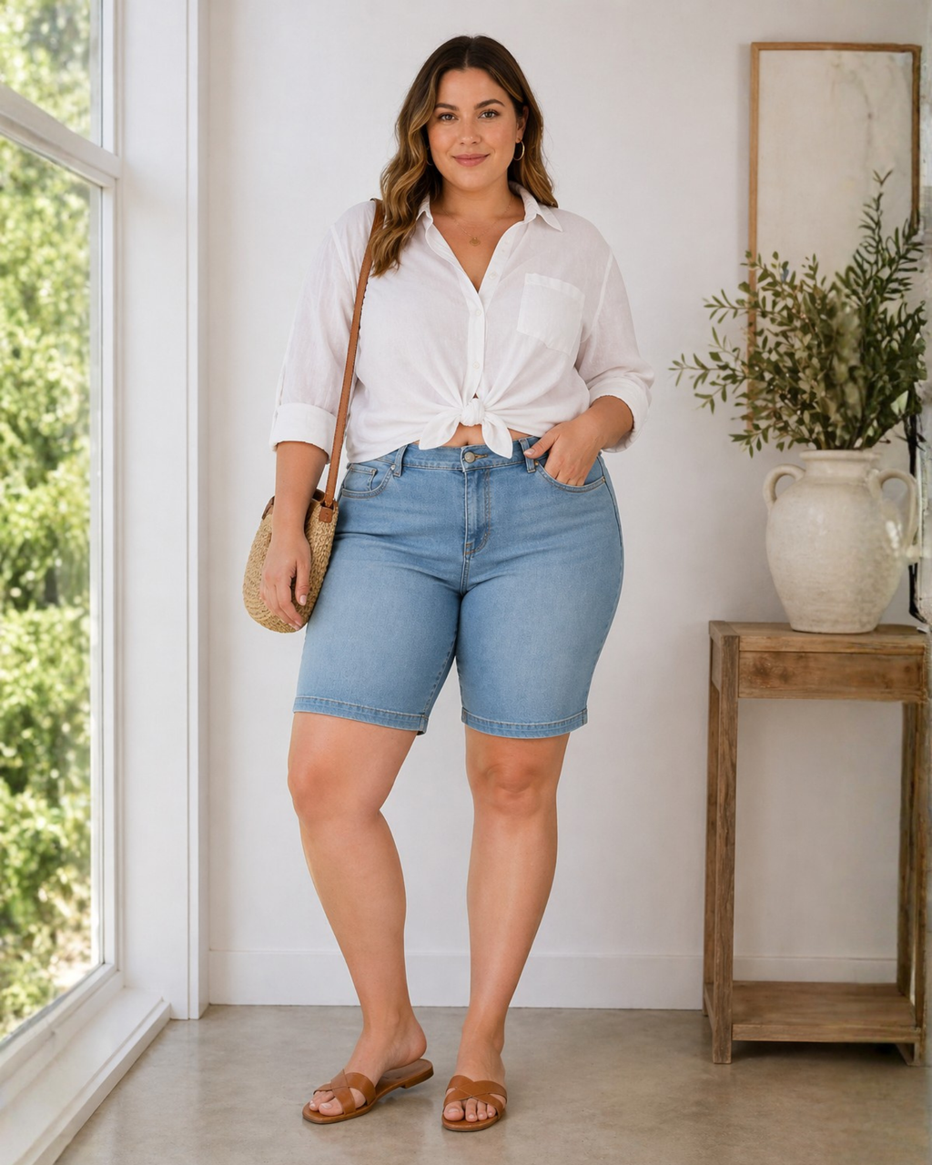 Woman wearing a white shirt and blue shorts standing in a bright room with a window and plant.