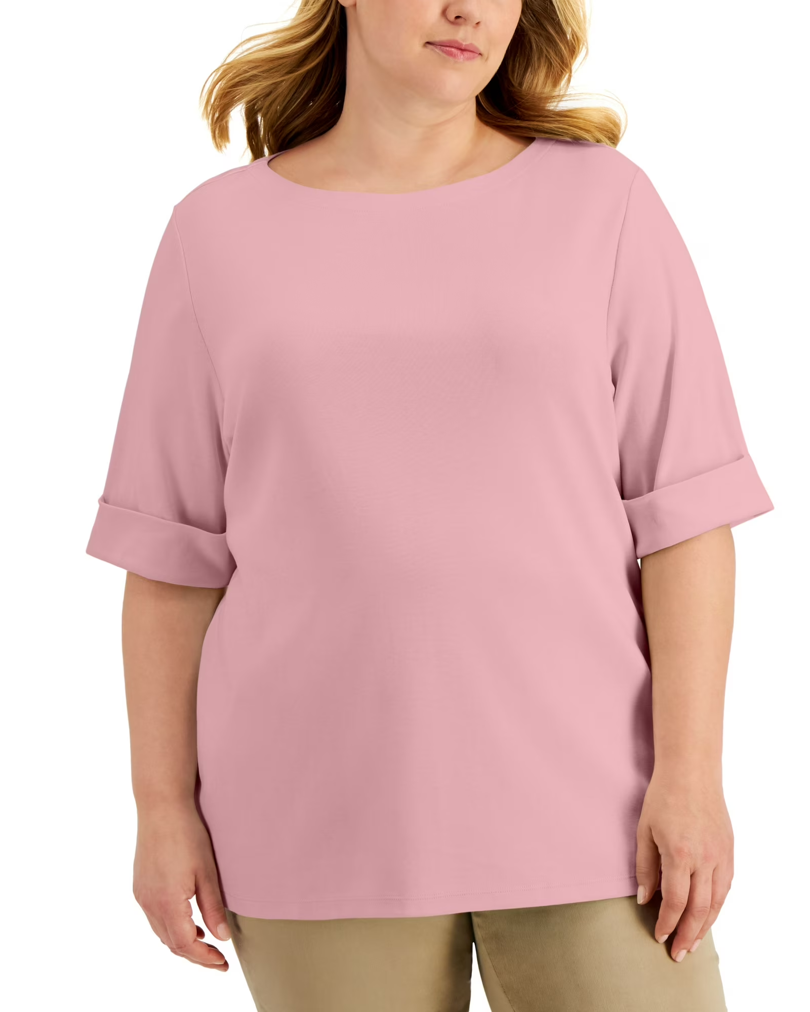 Pink blouse worn by a person on a white background