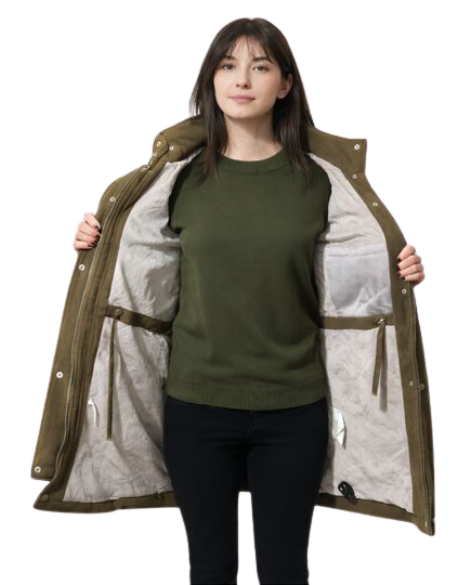 Person wearing a green jacket with a white lining