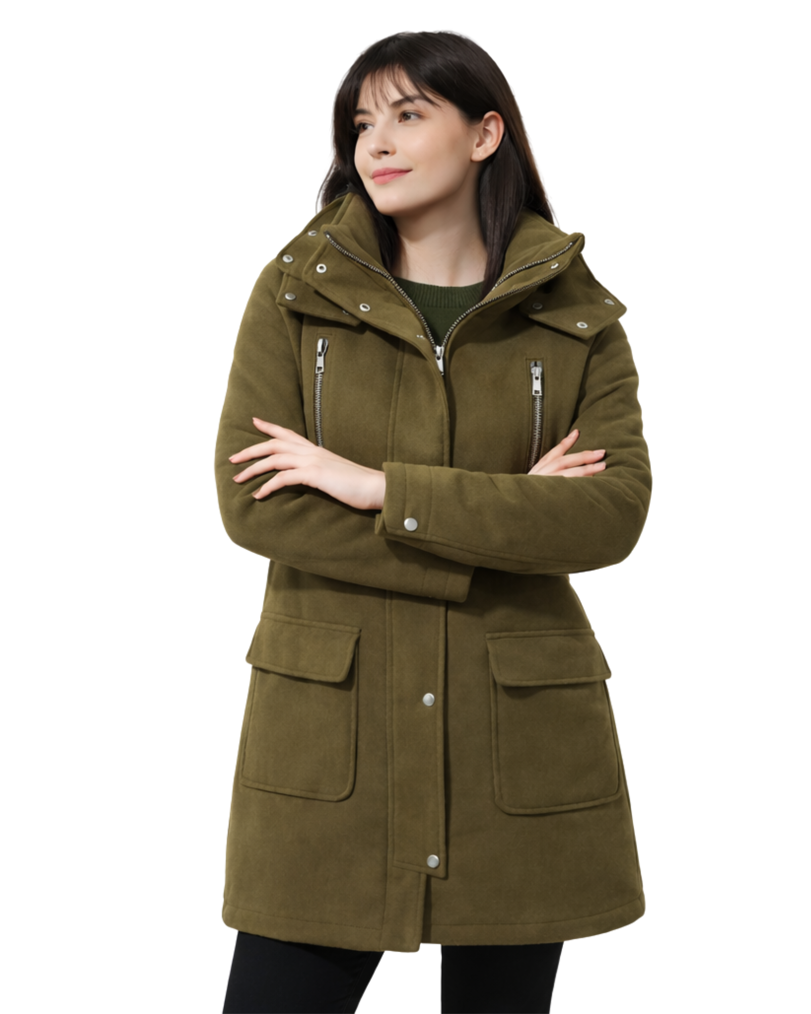 Woman wearing a green coat 