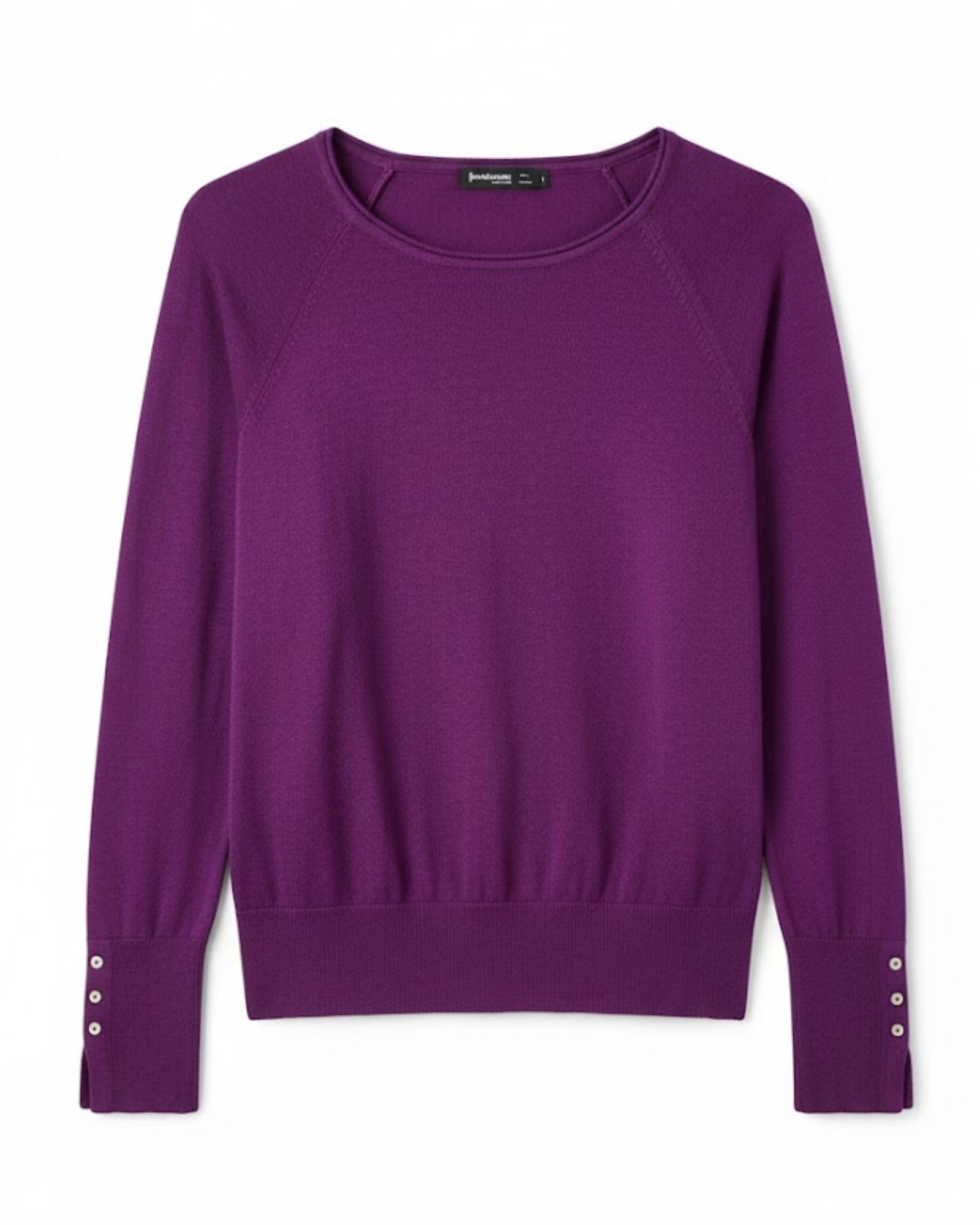 Purple sweater with button details on a white background