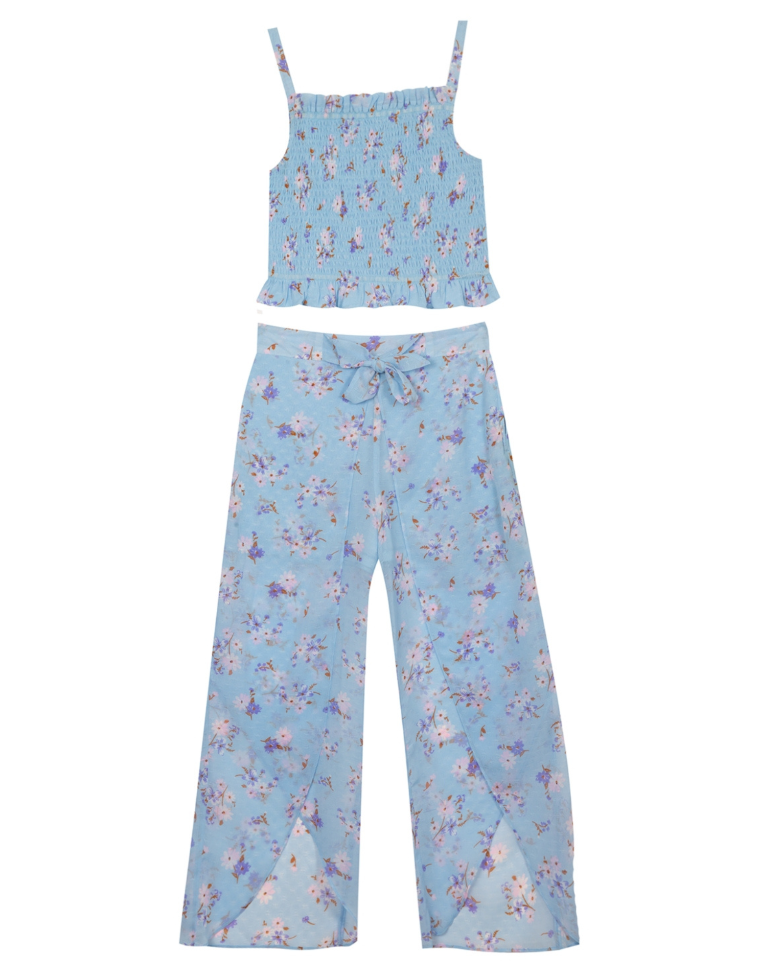 RARE EDITIONS - Big Girls Printed Textured Chiffon Pant Set with Smocked Top