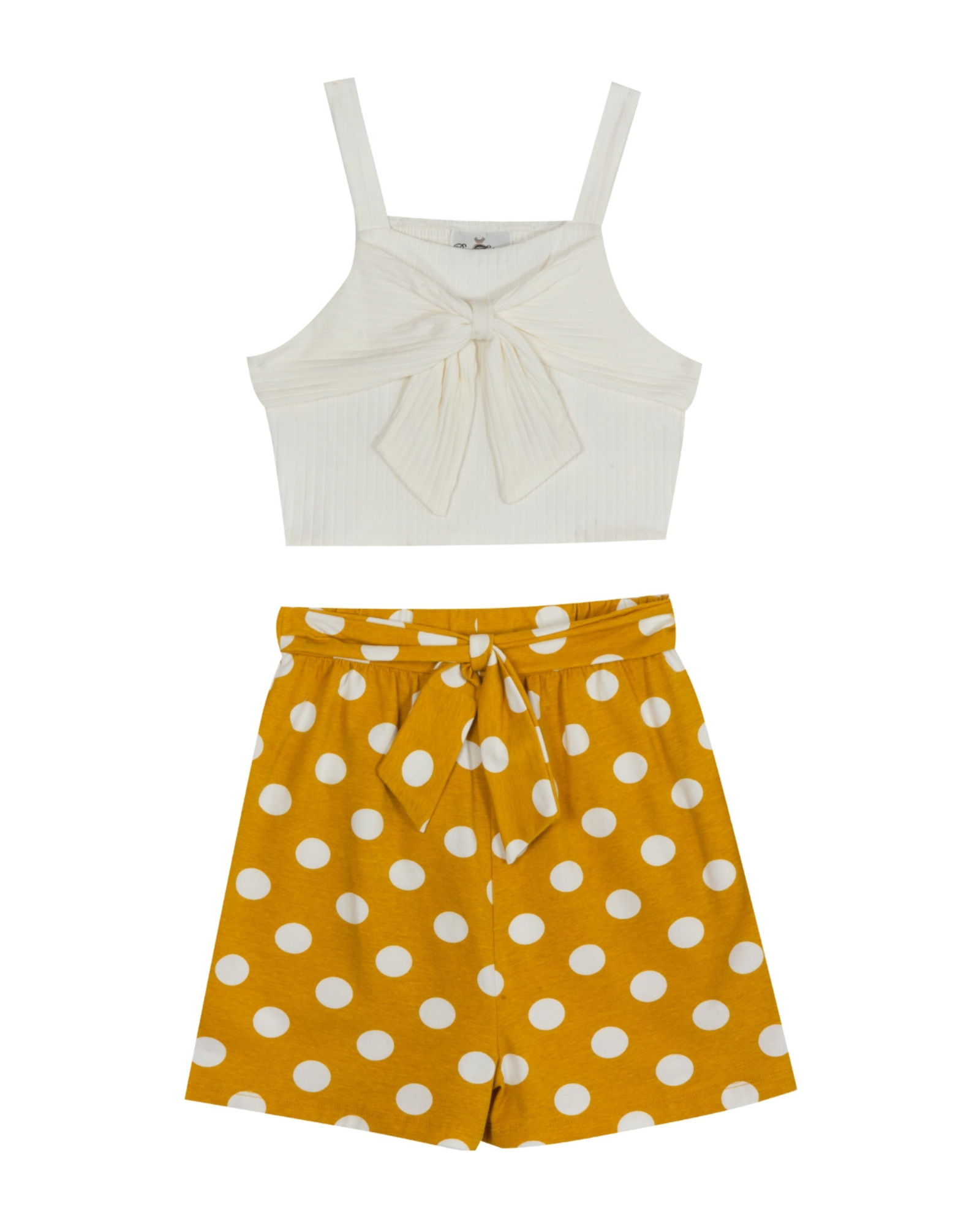 RARE EDITIONS - Big Girls Rib Knit Top with Front Tie and Printed Dot Shorts
