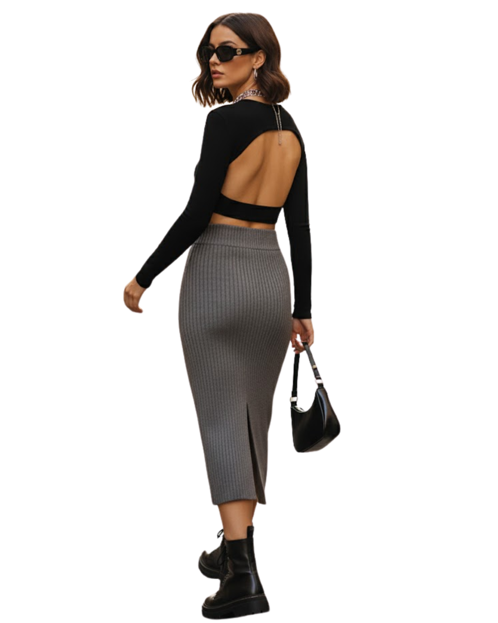 Ribbed Knit Midi Skirt with Back Slit