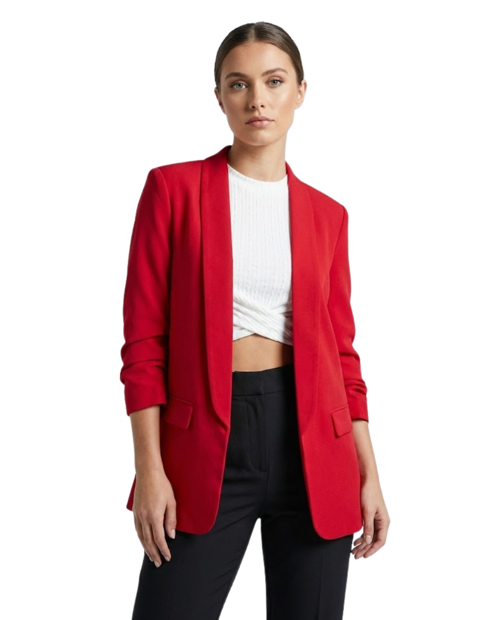 Woman wearing a red blazer over a white shirt and black pants on a white background