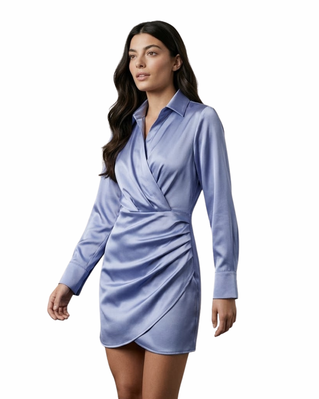 Woman wearing a light blue dress with long sleeves on a white background