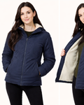 Woman wearing a navy blue jacket with a white interior lining, shown from front and side views.