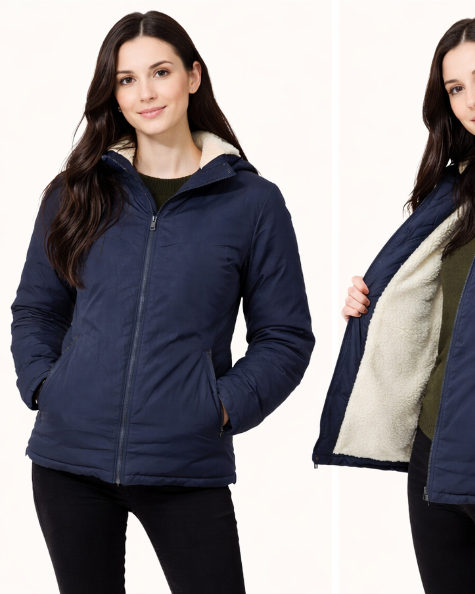 Woman wearing a navy blue jacket with a white interior lining, shown from front and side views.