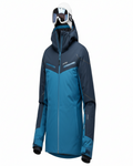 Blue and gray ski jacket with goggles