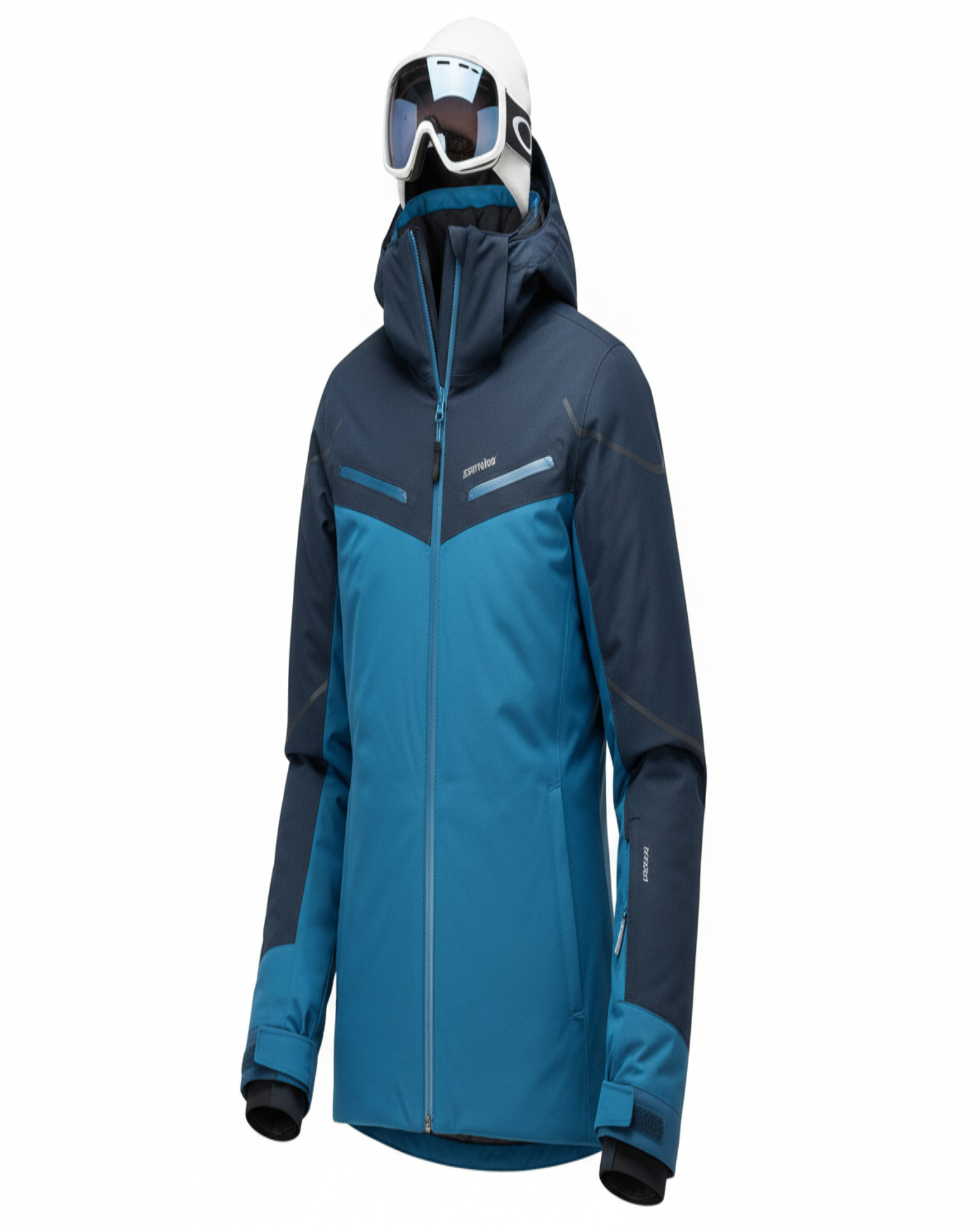 Blue and gray ski jacket with goggles