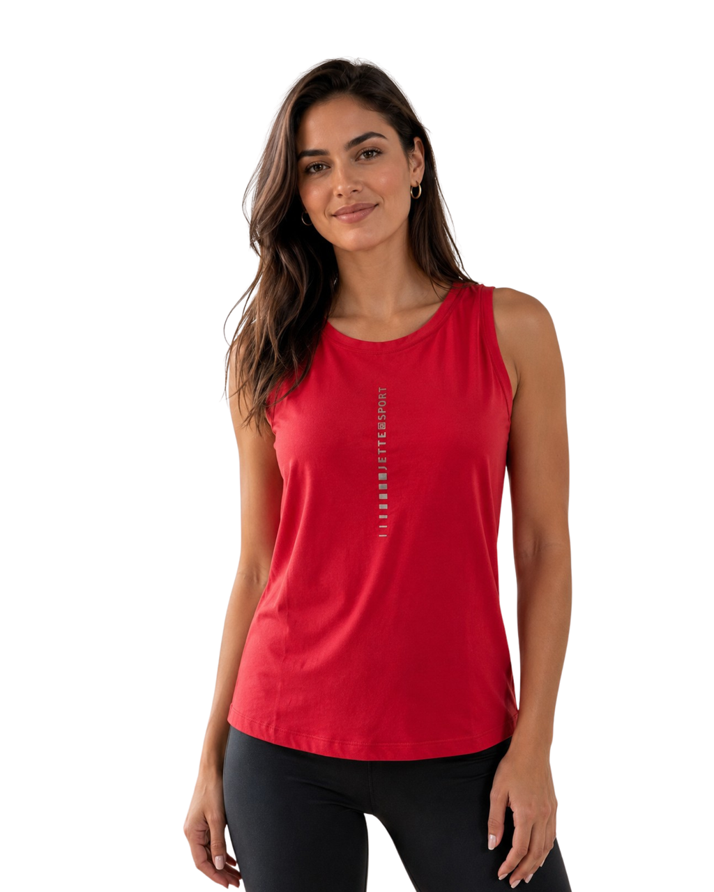 Woman wearing a sleeveless top with a white background