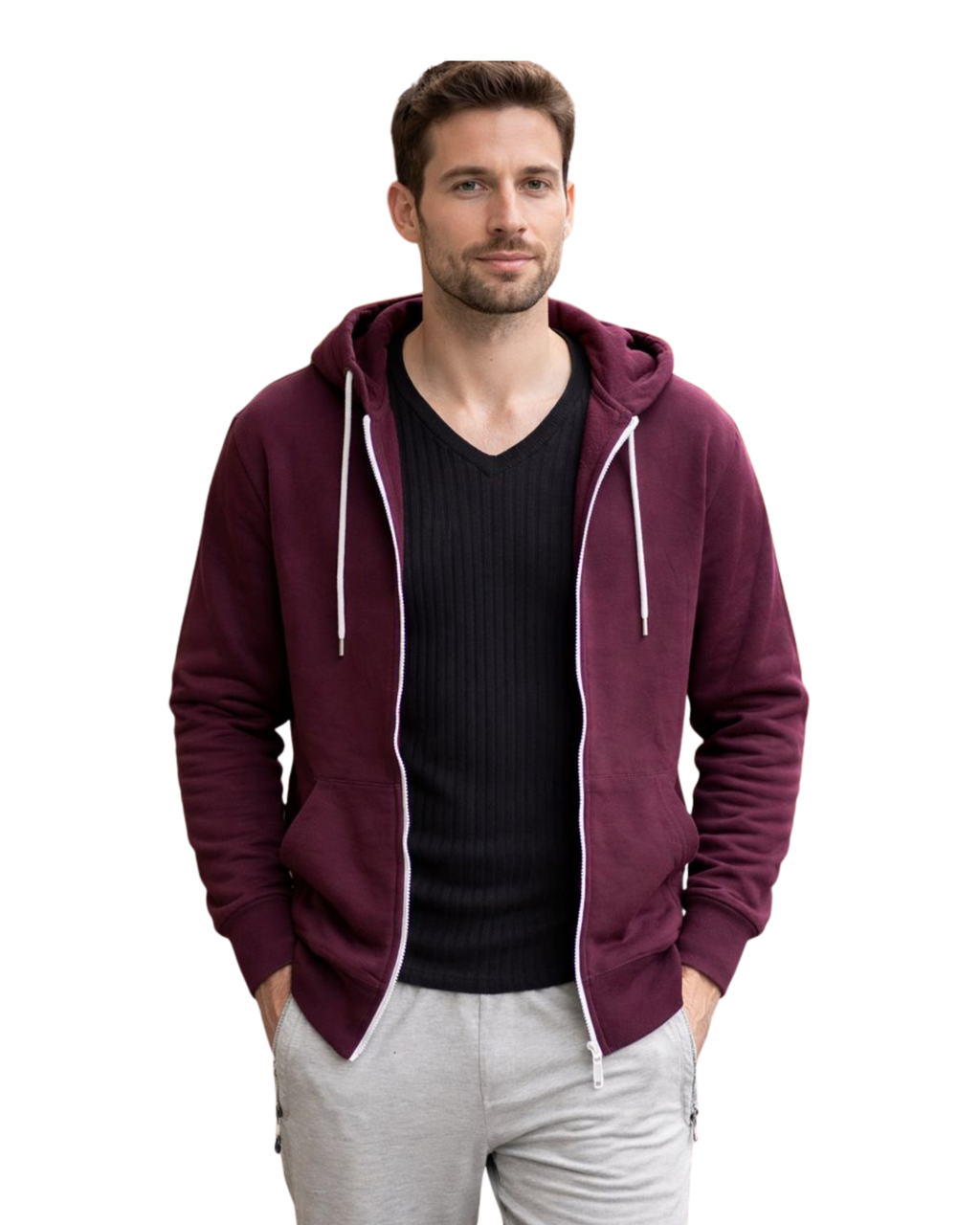 Man wearing a maroon hoodie