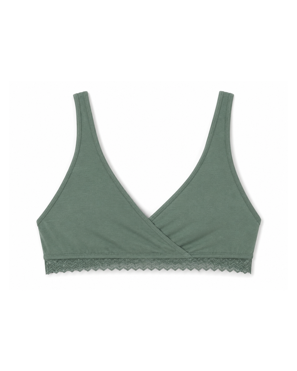 Green bralette with lace trim on a white background
