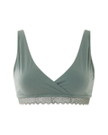 Green bralette with lace trim on a white background